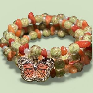 Green & Orange Beaded Butterfly Wrap Bracelet - Women's Jewelry